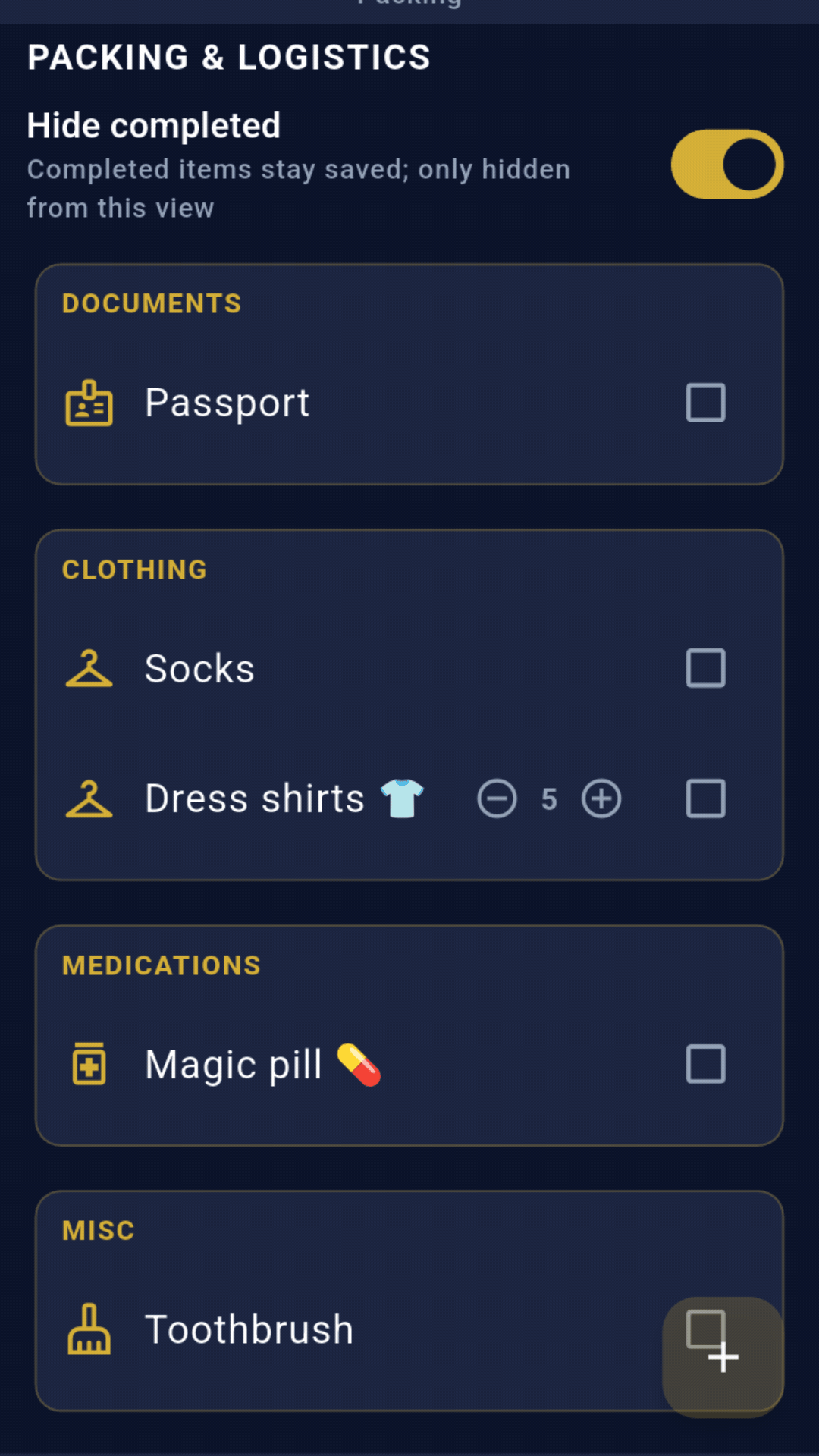 Tripmetic App Packing Interface