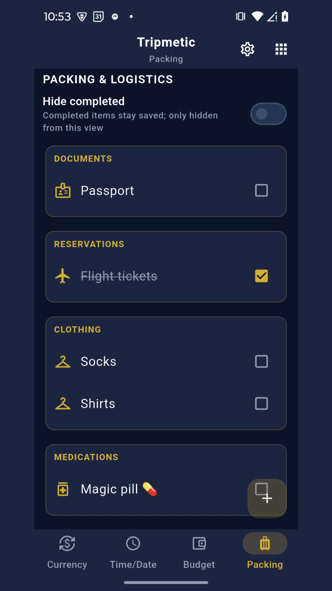Tripmetic App Packing Interface