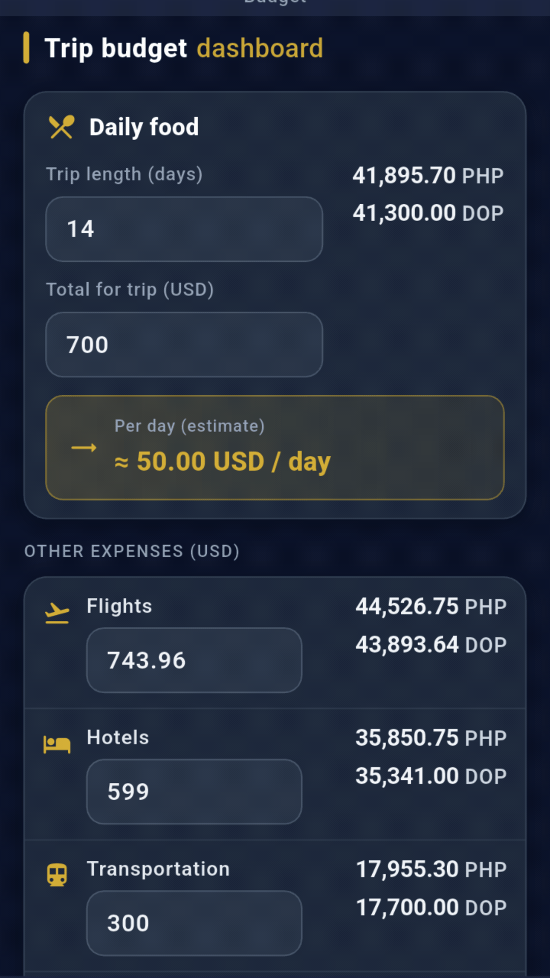 Tripmetic App Packing Interface