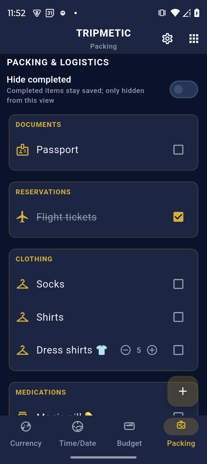 Packing Categories Screen