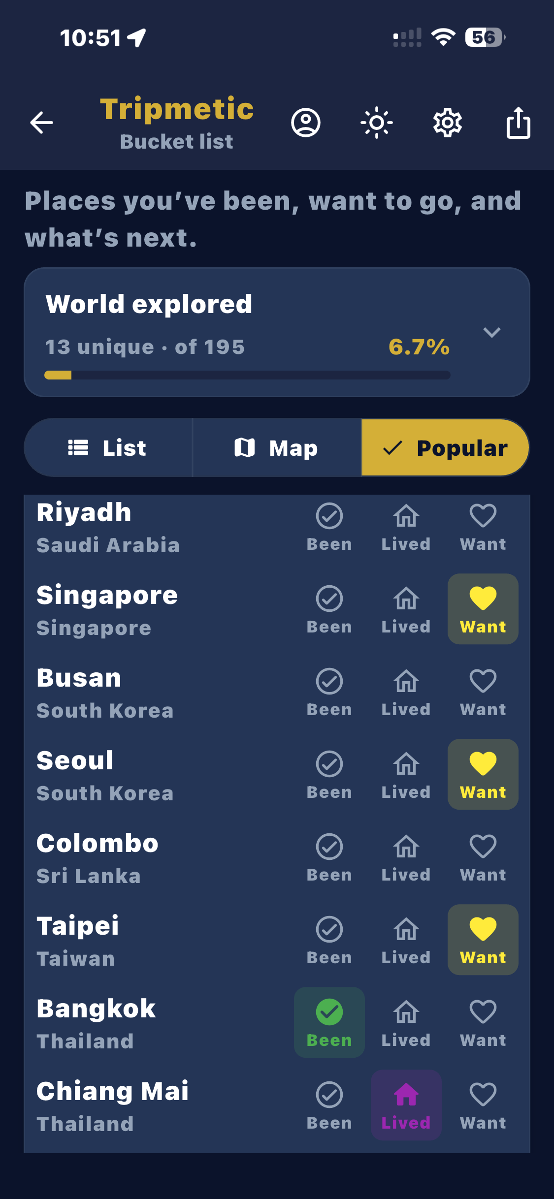 Quick-toggle icons for Popular Cities