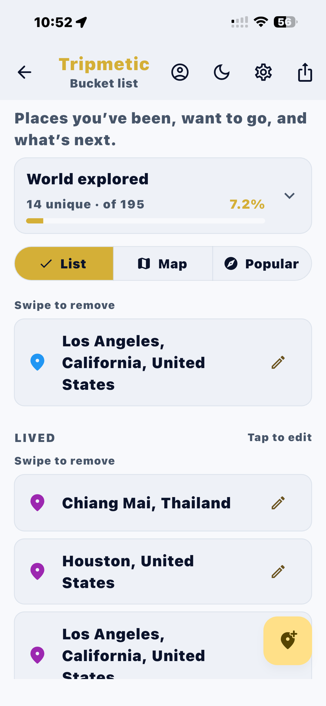 Bucket List View Categories