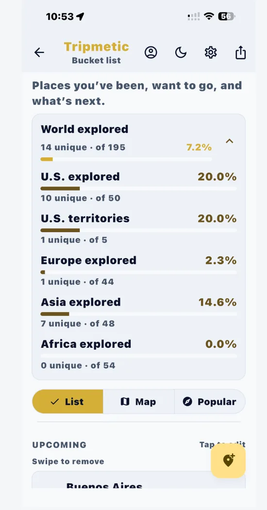 Tripmetic bucket list expanded regional travel stats and Upcoming section with add destination button