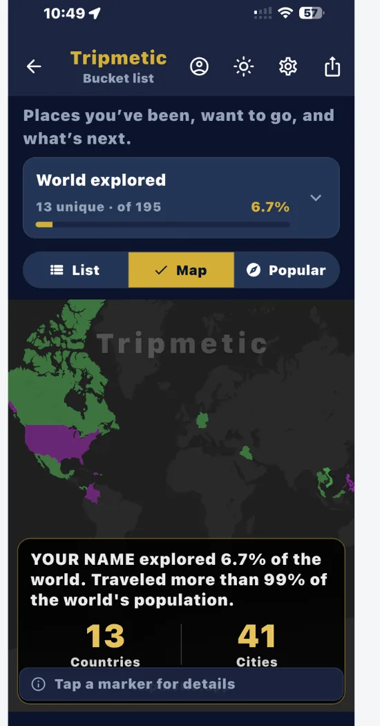 Tripmetic interactive bucket map dark mode showing visited countries cities count and world explored percentage