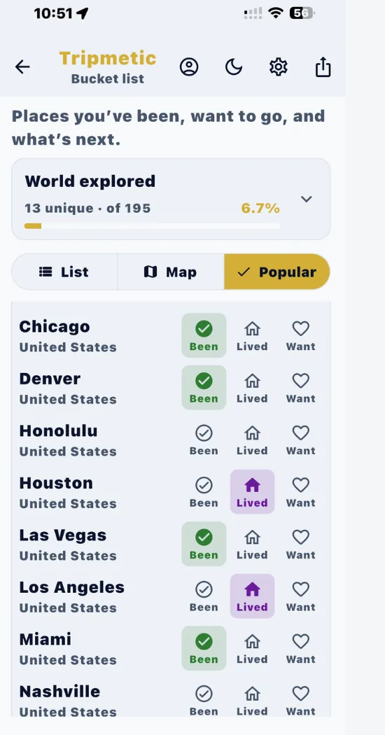 Tripmetic Popular destinations tab listing United States cities with Been Lived and Want status toggles
