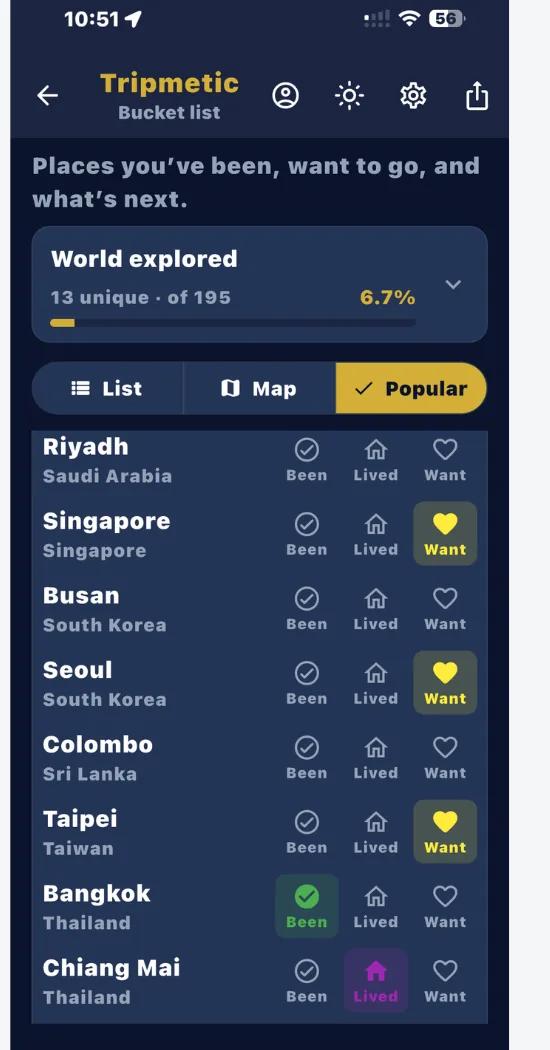 Tripmetic Popular cities list in dark mode with quick toggles for Been Lived and Want on cities like Singapore Seoul and Bangkok