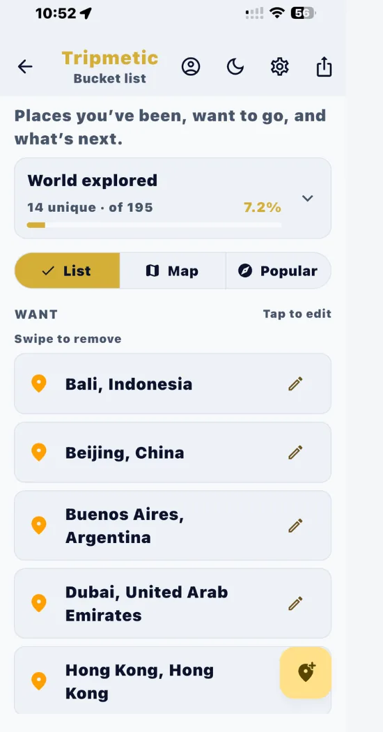 Tripmetic travel bucket list Want section with destinations like Bali Beijing Dubai and Hong Kong