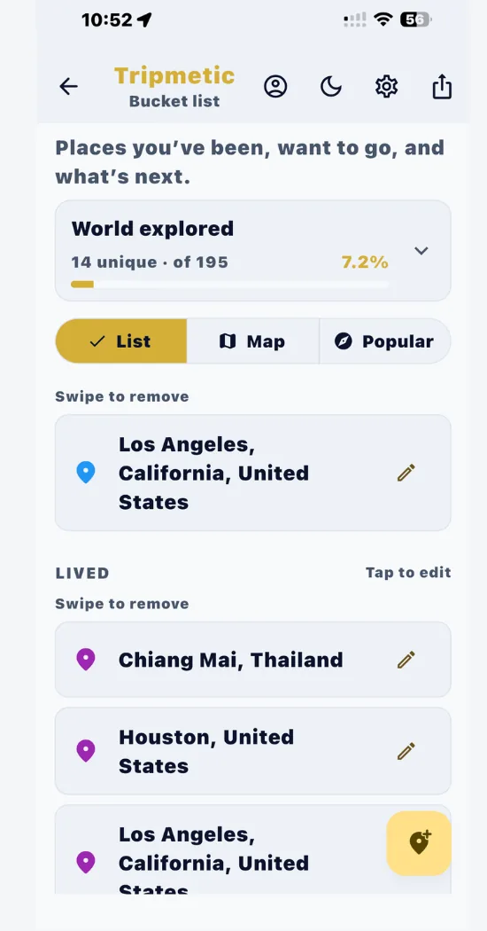 Tripmetic bucket map dashboard showing World Explored progress at 7.2 percent with List Map and Popular tabs