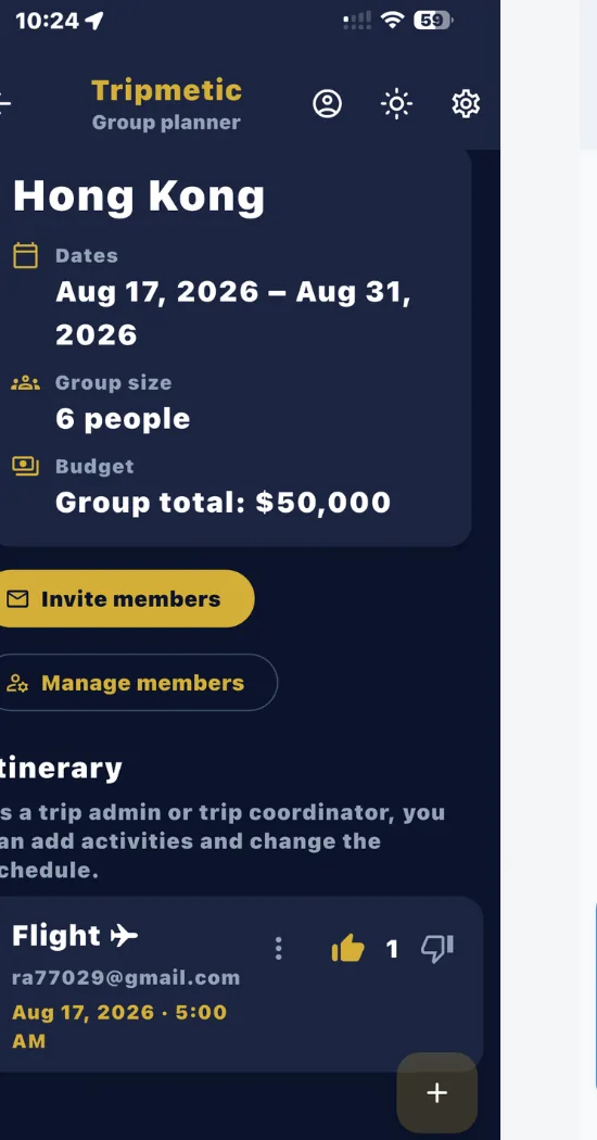Tripmetic group planner dark mode for Hong Kong with Invite members and Manage members actions