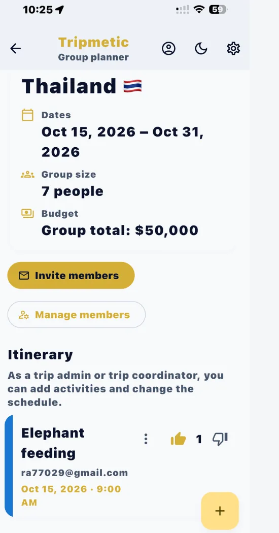 Tripmetic group trip planner for Thailand showing dates group size and fifty thousand dollar shared budget