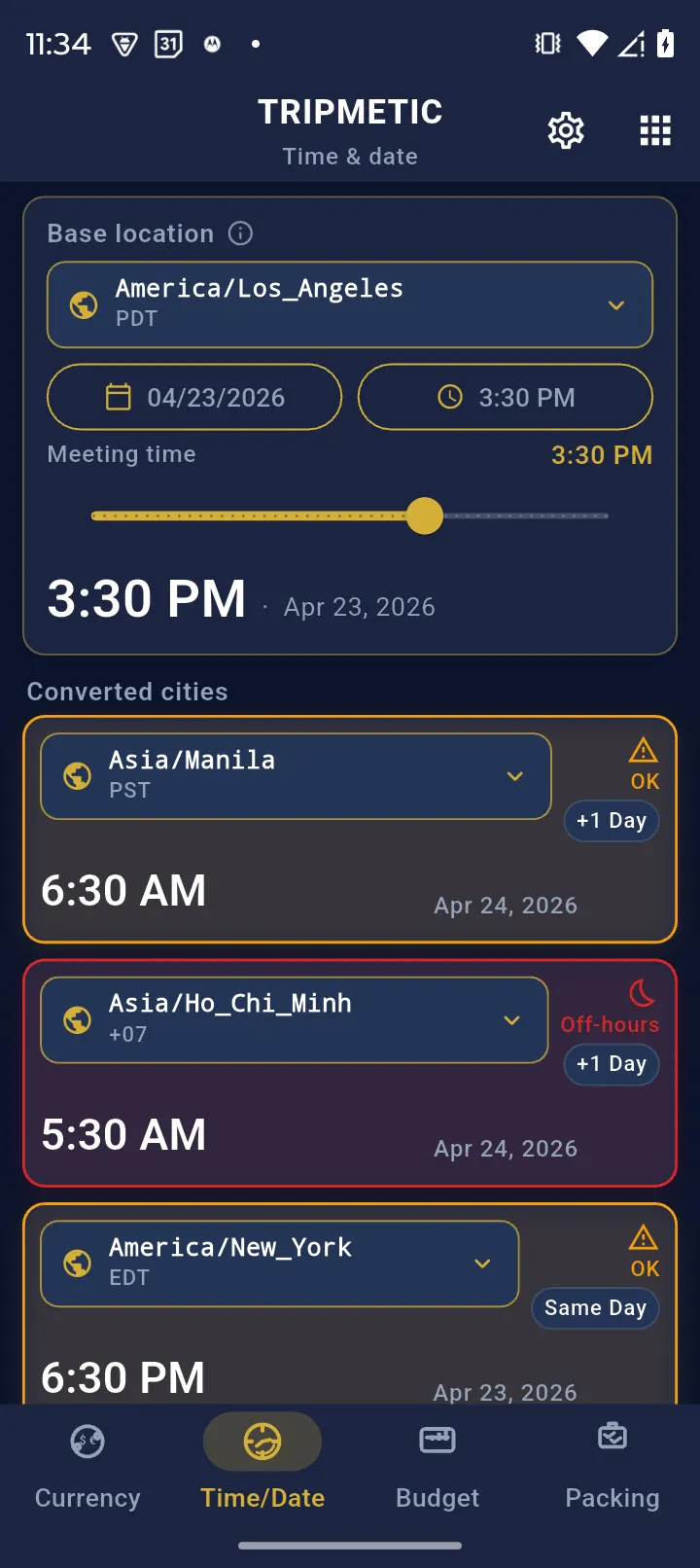 Tripmetic Global Meeting Scheduler Time and date screen with Los Angeles base timezone