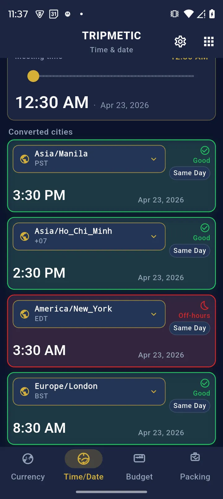 Tripmetic meeting scheduler setting America Los Angeles as the base timezone with meeting time slider