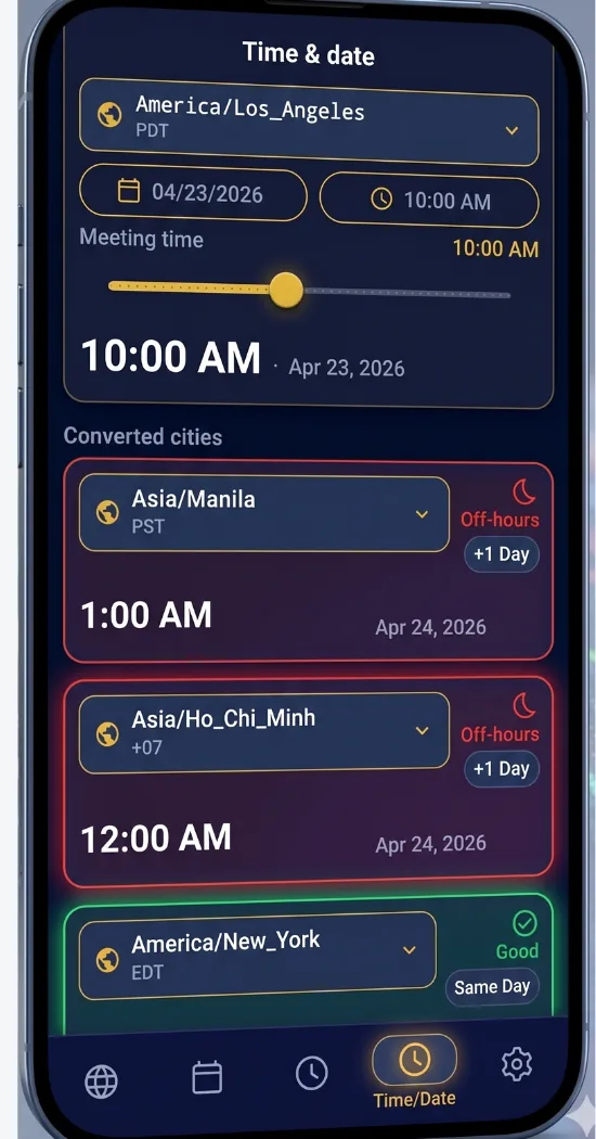 Tripmetic Time and date screen for selecting home and destination cities before installing the dual clock widget